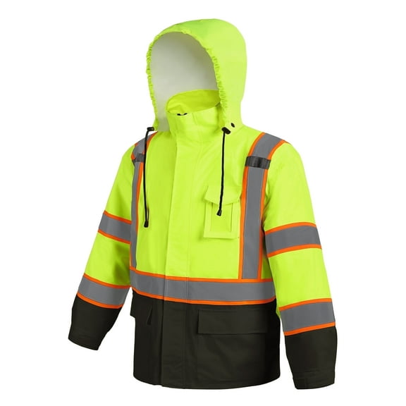 Hi Vis Safety Rain Jacket for Men Women Waterproof Breathable Rain Gears with Mesh Lining Black Bottom