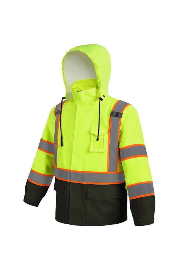 Hi Vis Safety Rain Jacket for Men Women Waterproof Breathable Rain Gears with Mesh Lining Black Bottom