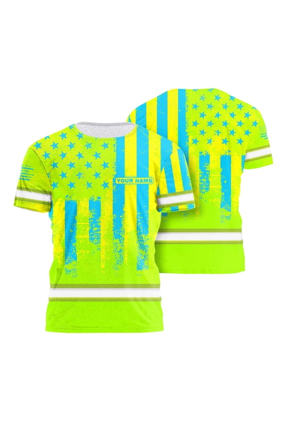 Hi Vis Shirt Reflective Flag USA Green and Blue Neon Custom Name Safety Workwear for Men, Truckers, Workers, Runners, Cyclists, Patriotic