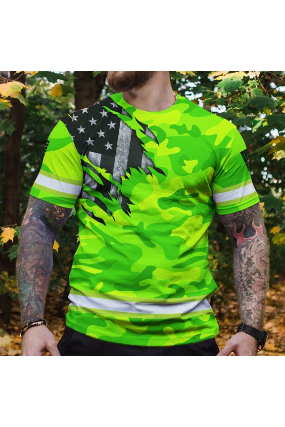 Hi Vis Shirt Reflective Scratch Camo Green Neon US Flag Custom Name Safety Workwear for Workers, Runners, Cyclists, Trucker, Patriotic