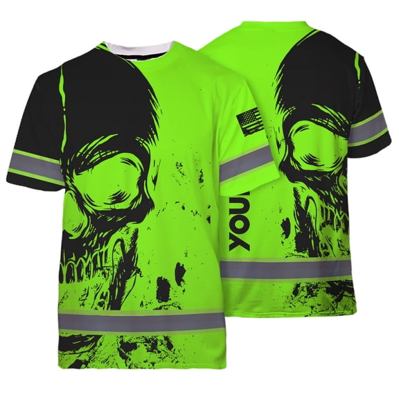 Hi Vis Shirt Reflective Tapes Green Neon US Flag Skull Custom Name Safety Workwear for Workers, Runners, Cyclists, Skull Lovers