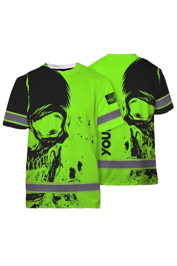 Hi Vis Shirt Reflective Tapes Green Neon US Flag Skull Custom Name Safety Workwear for Workers, Runners, Cyclists, Skull Lovers