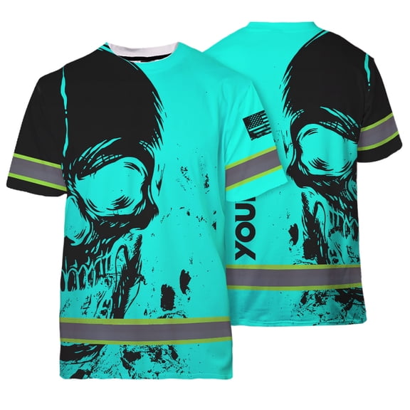 Hi Vis Shirt Reflective Tapes Mint Neon US Flag Skull Custom Name Safety Workwear for Workers, Runners, Cyclists