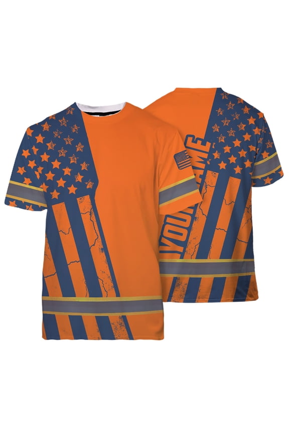 Hi Vis Shirt Reflective Tapes Orange Blue US Flag Custom Name Safety Workwear for Workers, Runners, Cyclists, Patriotic