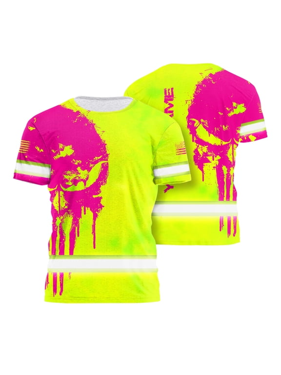 Hi Vis Shirt Reflective Tapes Skull Lime Yellow and Pink Neon US Flag Custom Name Safety Workwear for Workers, Truckers Operator, Cyclists, Patriotic
