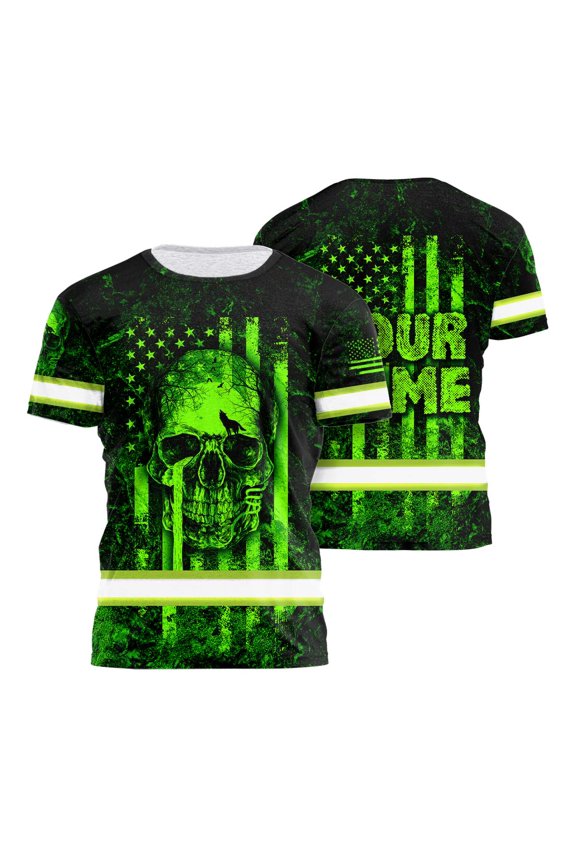 Hi Vis Shirt Reflective Tapes US Flag Skull Custom Name Safety Workwear for Workers, Runners, Cyclists, Skull Lovers