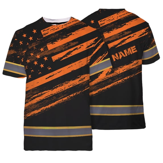 Hi Vis Shirt Reflective US Flag Patriotic Orange Neon Custom Name Safety Workwear for Workers, Runners, Cyclists, Truckers, Operator
