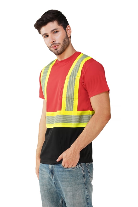 Hi Vis T-Shirt - Safety Shirt, ASNI Class 3 Segmented Reflective Safety T-Shirt-6685R-Blk-Red-2XL
