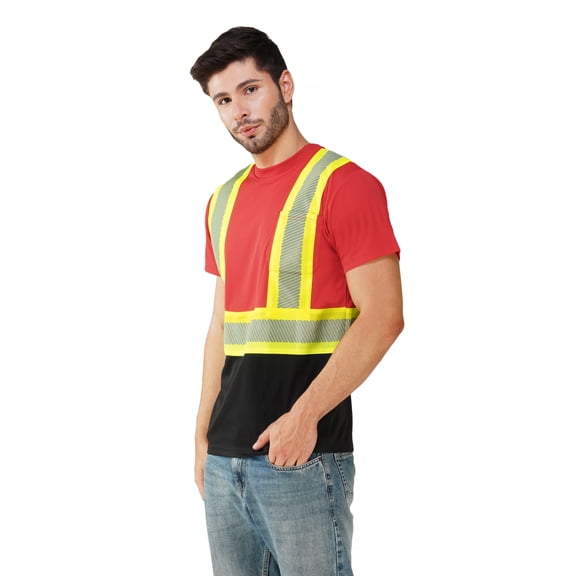 Hi Vis T-Shirt - Safety Shirt, ASNI Class 3 Segmented Reflective Safety T-Shirt-6685R-Blk-Red-Md