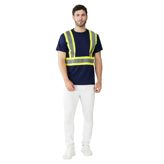 Hi Vis T-Shirt - Safety Shirt, ASNI Class 3 Segmented Reflective Safety T-Shirt-6685R-Nv-Md