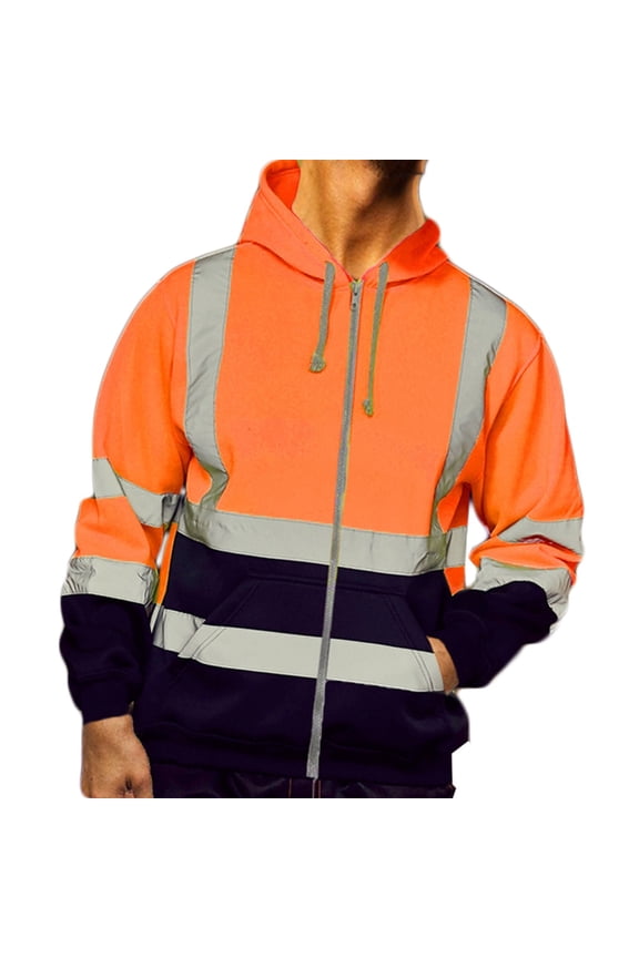 Hi Vis Work Safety Hoodies For Men Class 3 High Visibility Reflective Hooded Jacket Zipper Sweatshirts Black Bottom Pockets Orange M