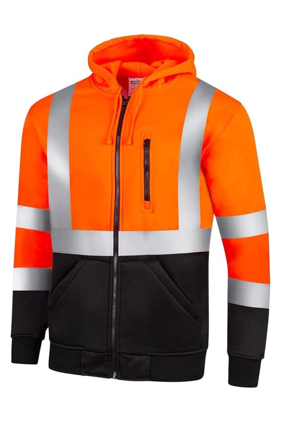 Hi-Visibility Full-Zip Safety Hoodie, ANSI/ISEA Compliant Reflective Work Sweater, 100% Polyester