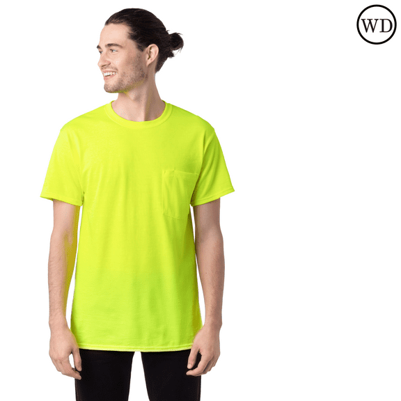 Hi Viz Gildan Ultra Cotton Pocket T-Shirt, 50/50 Cotton/Polyester, ANSI Compliant Safety Green, S