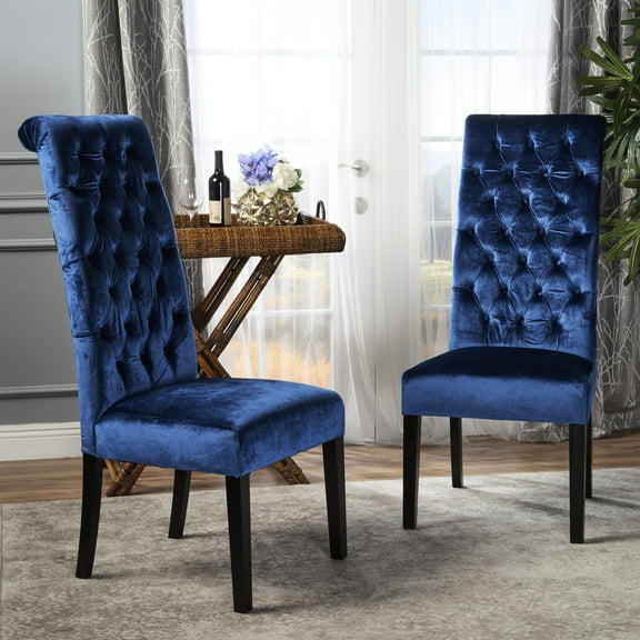 Hi-back Kd Dining Chair (2 Pieces) - Navy Velvet Back Chairs Birch Wood Frame, Foam & Polyfiber Fill For A Cozy Sit Pair Tall Construction, Comfortable