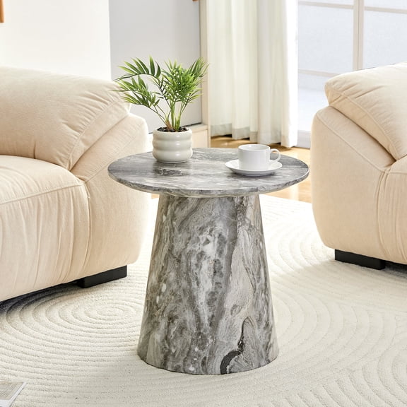 Hi loPres 19.6" Gray Faux Marble Coffee Table, Modern MDF Circular Side Furniture for Living Room and Small Spaces