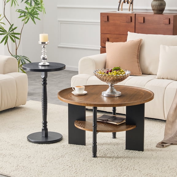 Hi loPres 2-Piece Coffee Table and Side Table Set, 31.5" Round Walnut & Black Wood Grain Tea Table with Storage Shelf and 26.4" Tall Slim End Table