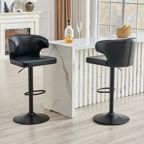 Hi loPres 2-Piece Modern Black Oil Wax PU Bar Stools, 360° Swivel Adjustable Pub Chairs with High Back & Footrest for Kitchen Counter