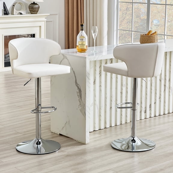Hi loPres 2-Piece Modern White PU Bar Stools, 360° Swivel Adjustable Pub Chairs with High Back & Silver Metal Base for Kitchen Counter