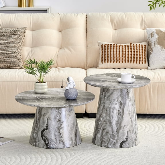 Hi loPres 2-Piece Round Gray Marble Nesting Coffee Table Set, Modern MDF Circular Side Furniture with Textured Finish for Living Room