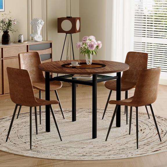 Hi loPres 2-Tier Round Dining Table with Storage Shelf, 42" Double-Layer Wood Grain & Glass Table with 4 Brown Suede Chairs, 5-Piece Space Saving Dining Set