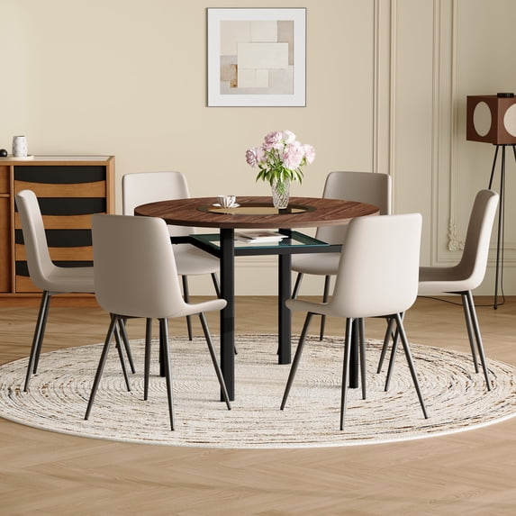 Hi loPres 2-Tier Round Dining Table with Storage Shelf, 42" Double-Layer Wood & Glass Table with 6 Gray Chairs, 7-Piece Space Saving Dining Set