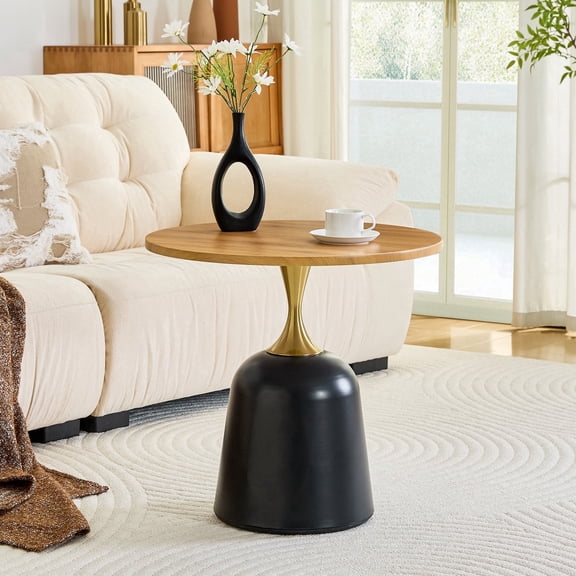Hi loPres 23.6" Modern Round Side Table with Wood Grain Top, Nordic Accent End Table with Weighted Black & Gold Metal Base for Living Room, Office