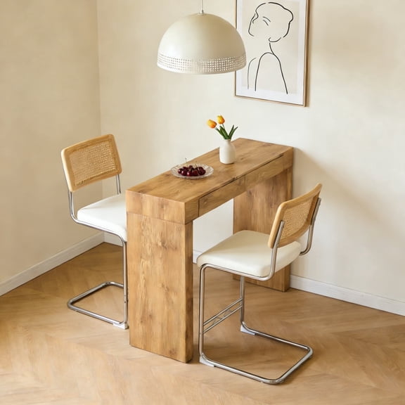 Hi loPres 3-Piece Modern Bar Table Set, 50" Oak Color Console Table with 2 Drawers & 2 Rattan Bar Stools with White PU Leather Seat, 25" Counter Height, Silver