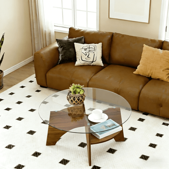 Hi loPres 31.5" Round Glass Coffee Table, Tempered Glass Center Table with Fan-Shaped Storage Pedestal and Walnut Wood Grain Legs for Living Room