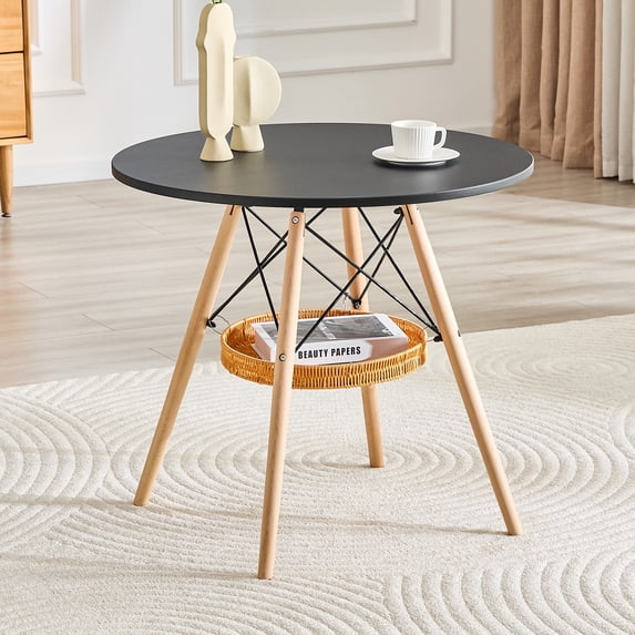 Hi loPres 31.5" Round Kitchen Table with Storage Basket, Black MDF Top and Natural Solid Wood Legs for Small Spaces