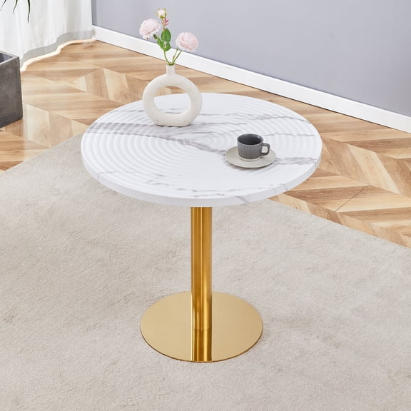 Hi loPres 31.5" Round Wood Kitchen Table, White Faux Marble Top with Recessed Circular Wave, Modern Gold Pedestal Base for Small Space, Dining Room