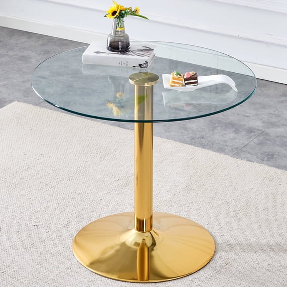 Hi loPres 35-Inch Round Dining Table, Modern Tempered Glass Top with Gold Metal Pedestal Base for Kitchen