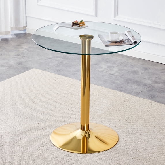 Hi loPres 35" Round Glass Bar Height Table, Modern Clear Tempered Glass Pub Table with Sturdy Gold Pedestal Base for Small Space, Kitchen