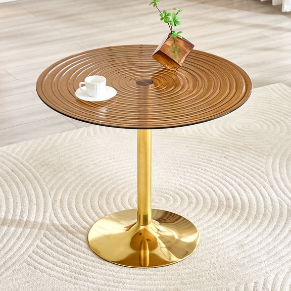 Hi loPres 35" Round Glass Dining Table, Brown Ring Texture Top with Gold Metal Pedestal Base, Bistro Table for Breakfast Nook
