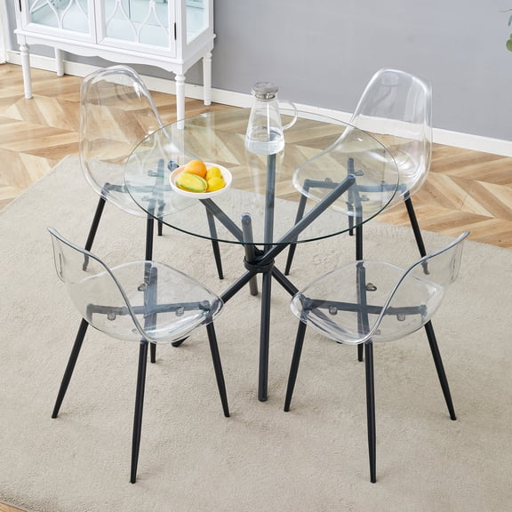 Hi loPres 36.6-Inch Round Glass Dining Table Set for 4, Modern Black Metal Legs with Transparent Chairs, 5-Piece Kitchen Room Furniture