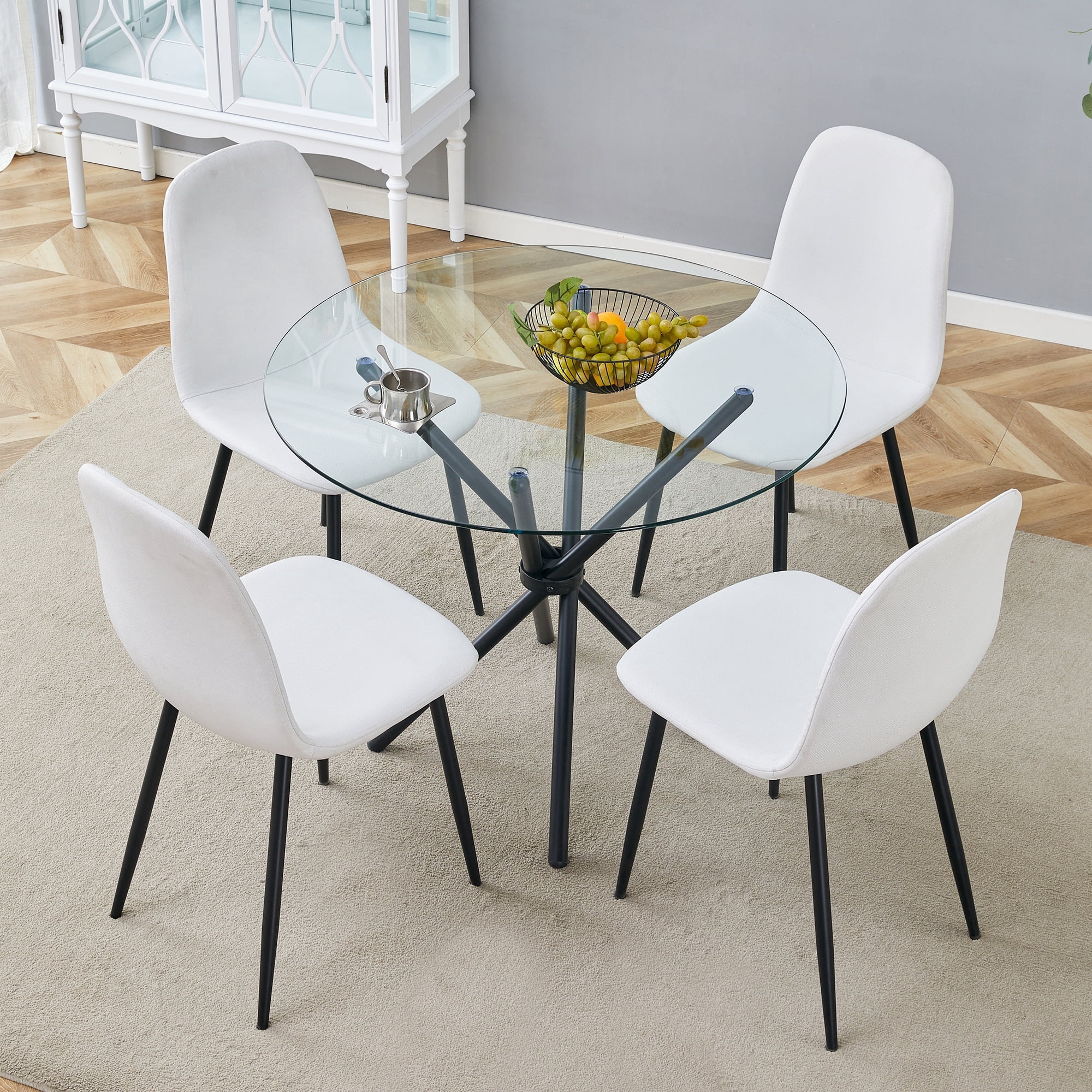 Hi loPres 36.6-Inch Round Glass Dining Table Set for 4, Modern Black ...