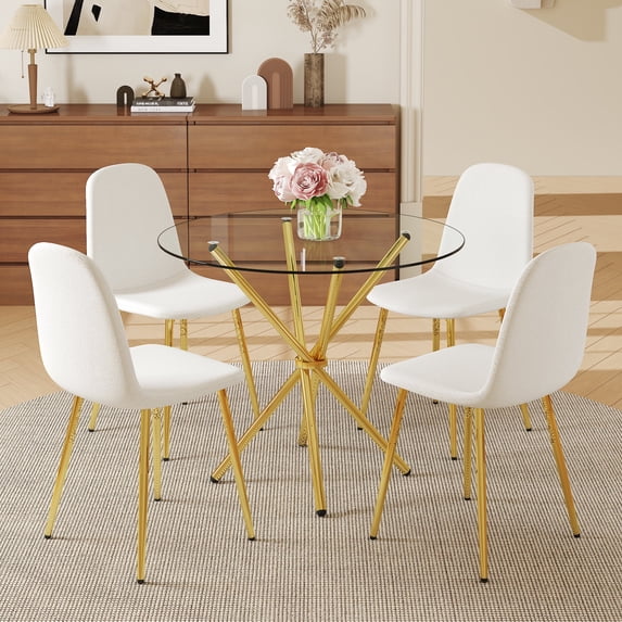 Hi loPres 36.6-Inch Round Glass Dining Table Set for 4, Modern Gold Metal Legs with White Fabric Chairs, 5-Piece Kitchen Room Furniture
