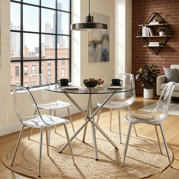 Hi loPres 36.6-Inch Round Glass Dining Table Set for 4, Modern Silver Metal Legs with Transparent Chairs, 5-Piece Kitchen Room Furniture