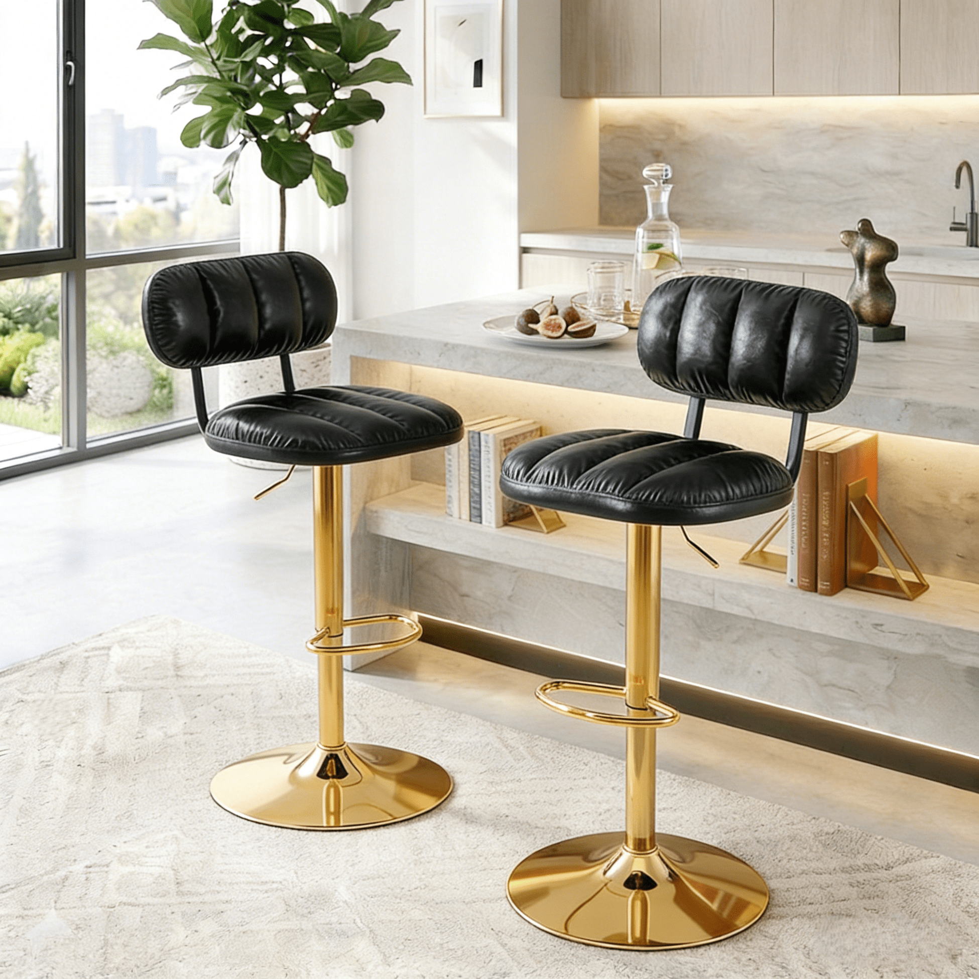 Hi loPres 360° Swivel Black PU Leather Bar Stools Set of 2, Adjustable ...