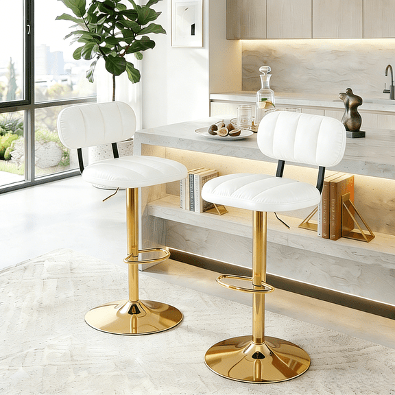 Hi loPres 360° Swivel White PU Leather Bar Stools Set of 2, Adjustable Counter Height Stools with Gold Base and High-Density Sponge Padding for Kitchen Island