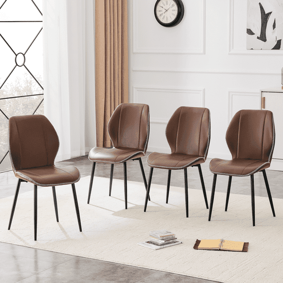 Hi loPres Set of 4 Brown PU Leather Dining Chairs, Modern Kitchen Side Furniture with Black Metal Legs and Adjustable feet for Dining Room and Office