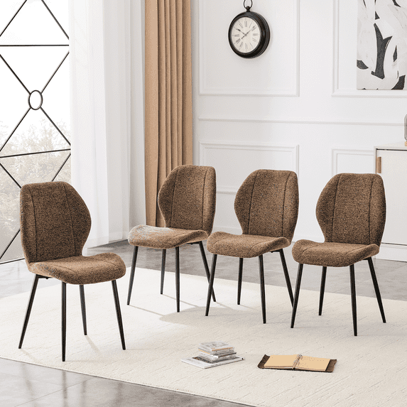 Hi loPres 4-Piece Retro Brown Fabric Dining Chairs, Minimalist Kitchen Side Chairs with Black Metal Legs and Adjustable Feet for Dining Room & Office