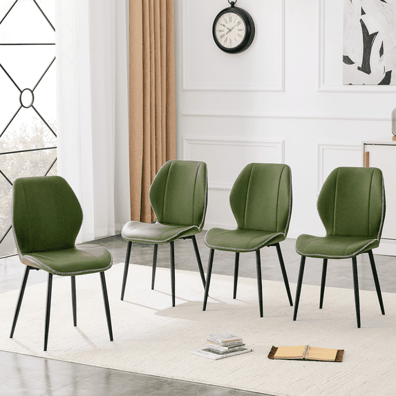 Hi loPres 4-Piece Retro Olive Green PU Dining Chairs, Side Chairs with Black Metal Legs and Adjustable Feet for Home