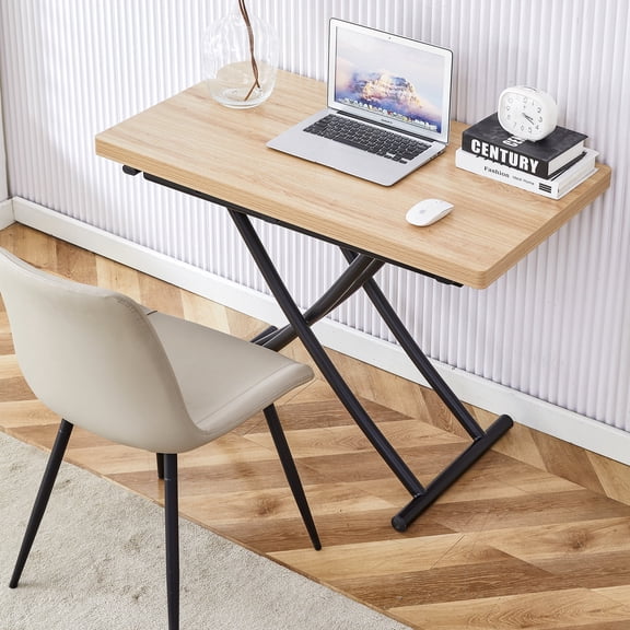 Hi loPres 4-in-1 Lift Top Expandable Dining Table, Light Wood Melamine & Black Legs, Space-Saving Table for Small Apartment