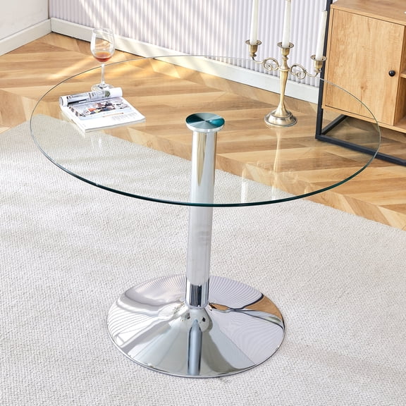 Hi loPres 40" Round Glass Dining Table, Modern Minimalist Kitchen Table with Clear Tempered Glass Top and Sturdy Silver Chrome Pedestal Base