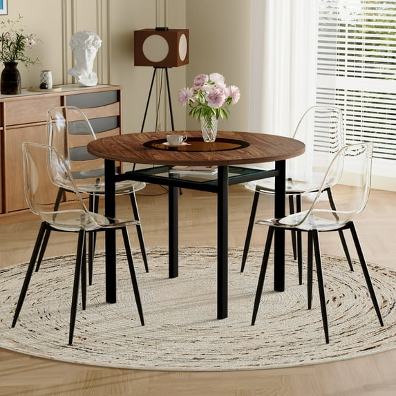 Hi loPres 42" Double-Layer Round Dining Table Set for 4, Walnut MDF & Tinted Tempered Glass Table with 4 Clear Acrylic Chairs, Space-Saving Kitchen Set