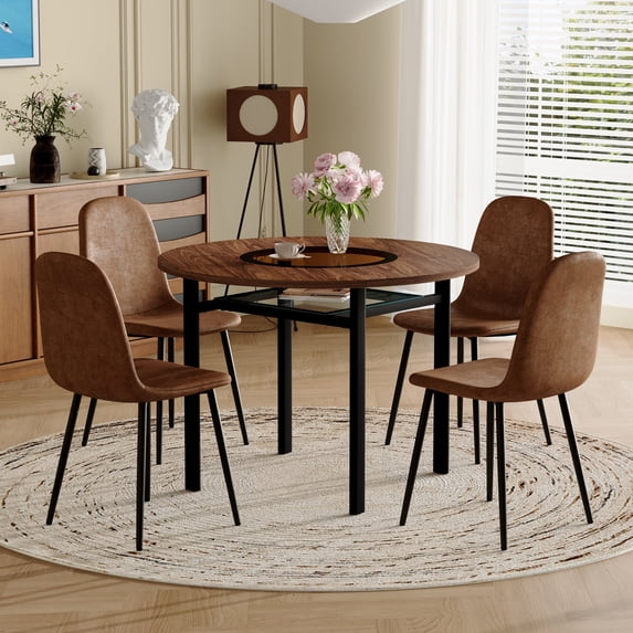 Hi loPres 42" Round Dining Table with Tiered Clutter-Free Design, Double-Layer Wood Grain Table for 4, 5-Piece Set with Brown Suede Mid-Century Chairs