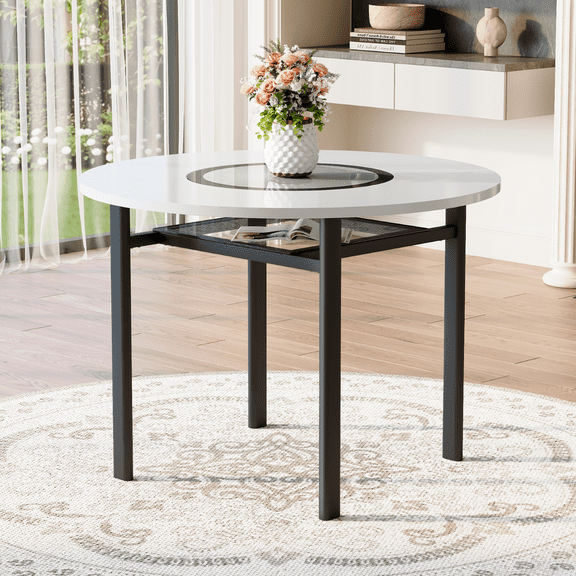Hi loPres 42" Round Dining Table with White Desktop and Gray Glass Inlay, 2-Tier Modern Kitchen Table with Storage Shelf for Dining Room and Living Room