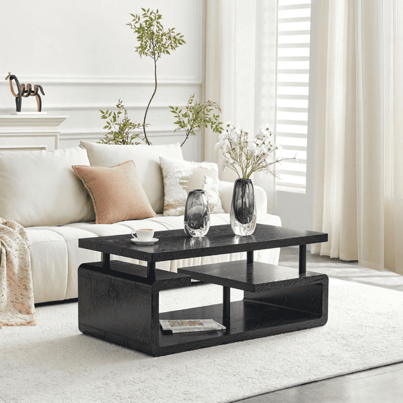 Hi loPres 43" Modern Black Coffee Table, 3-Tier MDF Center Desk with Stainless Steel Legs, Multi-Storage Open Compartment for Living Room