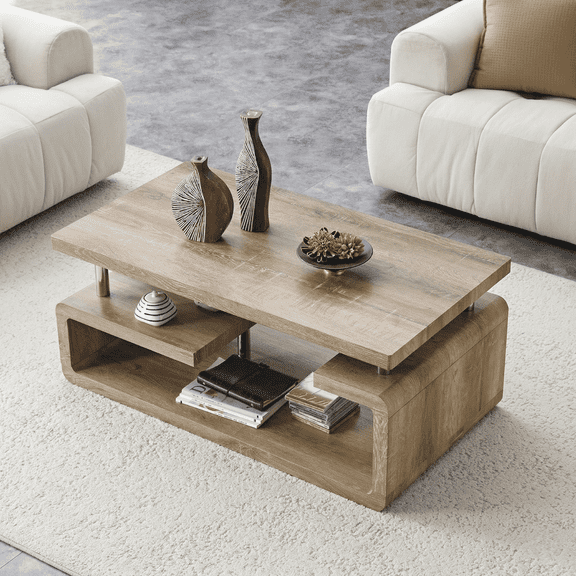 Hi loPres 43" Retro Wood Grain Coffee Table, Modern 3-Tier MDF Center Desk with Stainless Steel Legs, Multi-Storage Open Compartment for Living Room