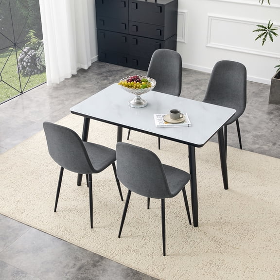 Hi loPres 47" 5-Piece Dining Set for Apartments, White Faux Marble Table with 4 Dark Gray Chairs, 1.3" Thick Top and Stable Black Legs Modern Kitchen Suite